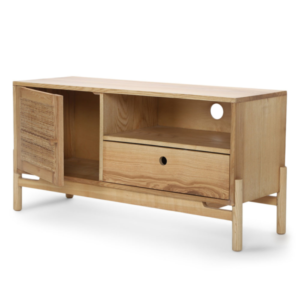 Buy wooden furniture online - Lap and Dado Pesaro ash wood media unit or storage unit with cane work / rattan work and stylised legs