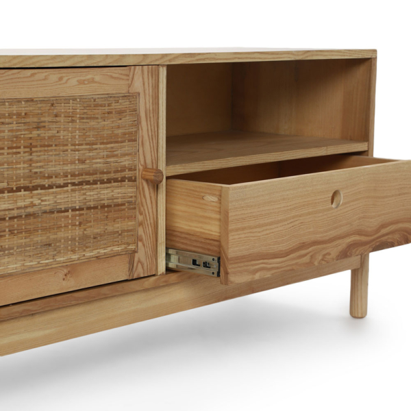Buy wooden furniture online - Lap and Dado Pesaro ash wood media unit or storage unit with cane work / rattan work and stylised legs