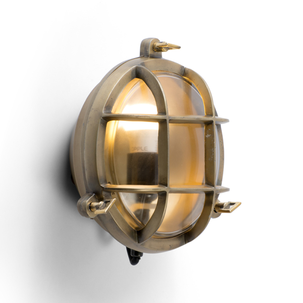 Buy lights online - Lap and Dado shop outdoor lights - Troy industrial vintage outdoor light in a brass finish and glass shade