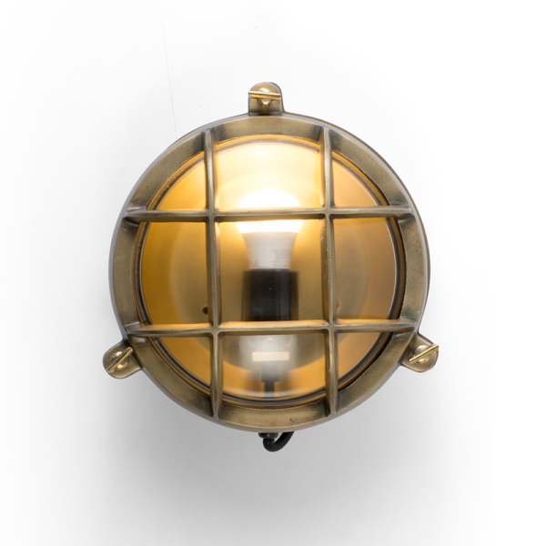 Buy lights online - Lap and Dado shop outdoor lights - Troy industrial vintage outdoor light in a brass finish and glass shade