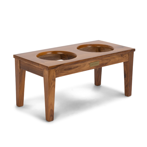 Buy pet furniture online - Lap and Dado Nash teak wood small feeding station and dog food bowl, cat food bowl in stainless steel