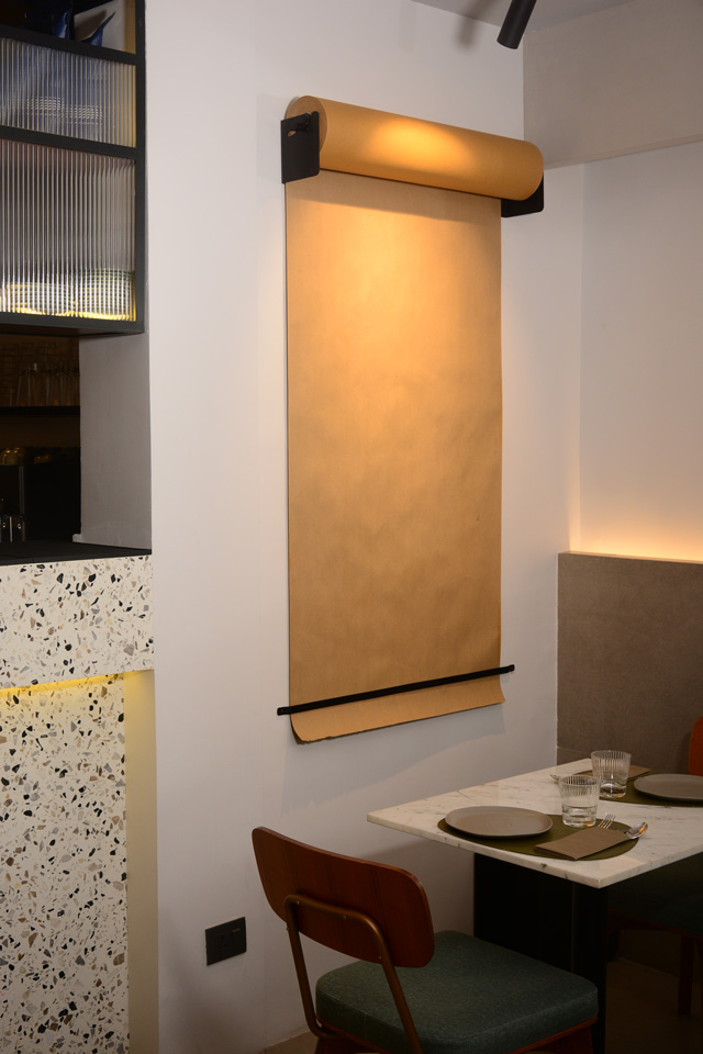 Lap and Dado Furniture for Plats Restaurant - Custom made studio roller / craft paper roll wall dispenser