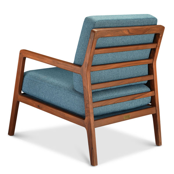 Buy wood furniture online - solid teak wood furniture crafted with quality materials - Lap & Dado furniture contemporary design, sleek Dover teak wood lounge chair with premium upholstery
