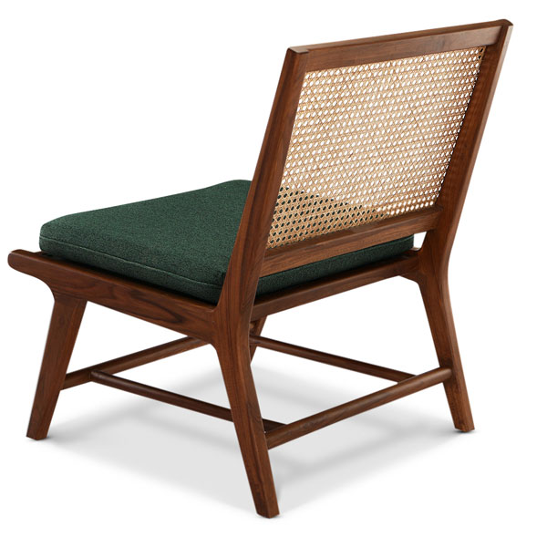 Buy furniture online - solid teak wood furniture crafted with quality materials - Lap and Dado mid-century modern comfortable Lille Rattan work and Teak wood Lounge chair with premium fabric upholstery