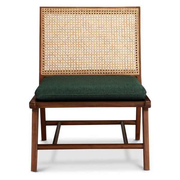 Buy furniture online - solid teak wood furniture crafted with quality materials - Lap and Dado mid-century modern comfortable Lille Rattan work and Teak wood Lounge chair with premium fabric upholstery