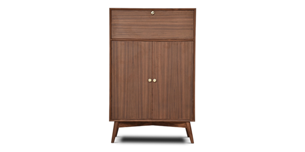 Buy wood furniture online - Buy Bar cabinet online crafted with quality materials - Lap & Dado furniture, contemporary mid-century modern design, Derry bar cabinet in teak veneer with solid teak wood legs for your living or dining room