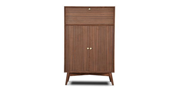 Buy wood furniture online - Buy Bar cabinet online crafted with quality materials - Lap & Dado furniture, contemporary mid-century modern design, Derry bar cabinet in teak veneer with solid teak wood legs for your living or dining room