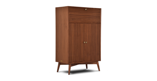 Buy wood furniture online - Buy Bar cabinet online crafted with quality materials - Lap & Dado furniture, contemporary mid-century modern design, Derry bar cabinet in teak veneer with solid teak wood legs for your living or dining room