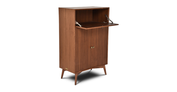 Buy wood furniture online - Buy Bar cabinet online crafted with quality materials - Lap & Dado furniture, contemporary mid-century modern design, Derry bar cabinet in teak veneer with solid teak wood legs for your living or dining room