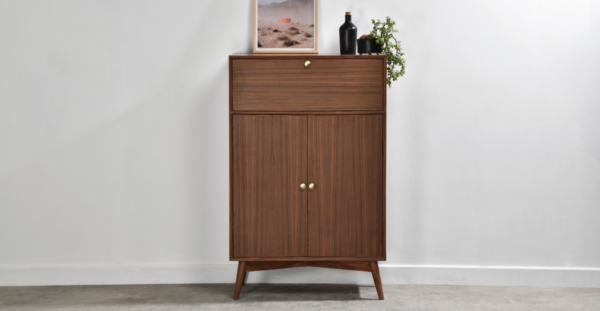 Buy wood furniture online - Buy Bar cabinet online crafted with quality materials - Lap & Dado furniture, contemporary mid-century modern design, Derry bar cabinet in teak veneer with solid teak wood legs for your living or dining room