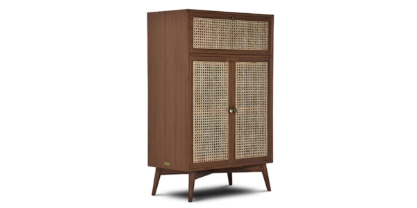 Buy wood and rattan furniture online - Buy Bar cabinet online crafted with quality materials - Lap & Dado furniture, contemporary mid-century modern design, Derry canework bar cabinet in teak veneer with solid teak wood legs for your living or dining room