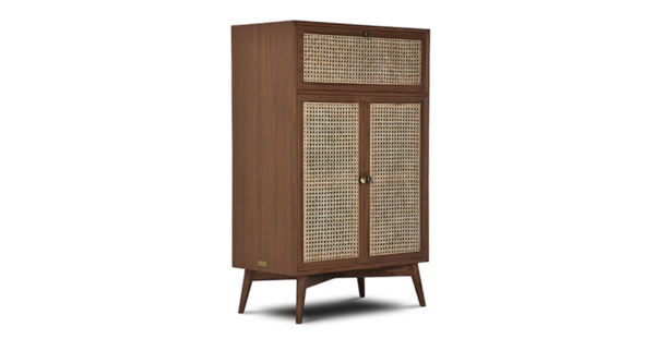 Buy wood and rattan furniture online - Buy Bar cabinet online crafted with quality materials - Lap & Dado furniture, contemporary mid-century modern design, Derry canework bar cabinet in teak veneer with solid teak wood legs for your living or dining room