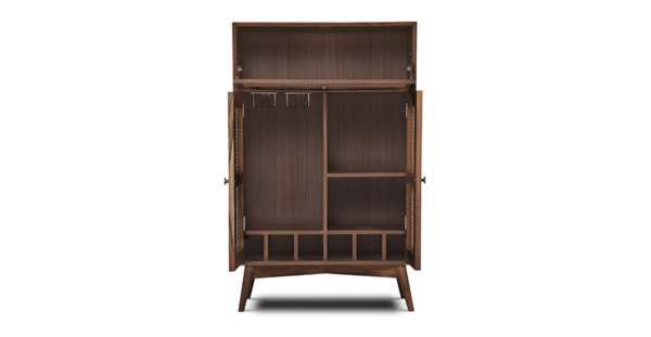 Buy wood and rattan furniture online - Buy Bar cabinet online crafted with quality materials - Lap & Dado furniture, contemporary mid-century modern design, Derry canework bar cabinet in teak veneer with solid teak wood legs for your living or dining room