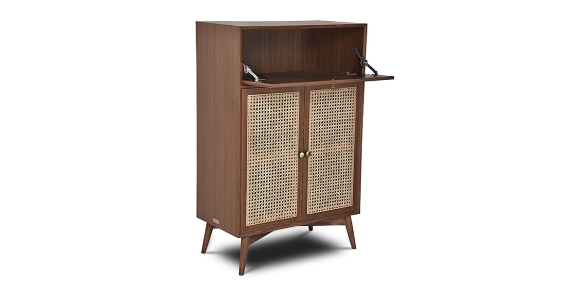 Lap & Dado Derry Rattan Bar Cabinet 6 Buy wood and rattan furniture online - Buy Bar cabinet online crafted with quality materials - Lap & Dado furniture, contemporary mid-century modern design, Derry canework bar cabinet in teak veneer with solid teak wood legs for your living or dining room
