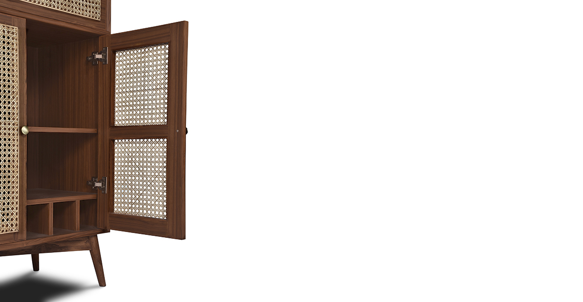 Lap & Dado Derry Rattan Bar Cabinet 8 Buy wood and rattan furniture online - Buy Bar cabinet online crafted with quality materials - Lap & Dado furniture, contemporary mid-century modern design, Derry canework bar cabinet in teak veneer with solid teak wood legs for your living or dining room