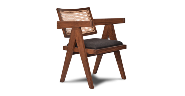 Buy rattan and wood furniture online - Pierre Jeanneret Chandighar chair - solid teak wood furniture crafted with quality materials - Lap & Dado furniture mid-century modern design, Lyon teak wood and cane work lounge chair or dining chair with premium upholstery