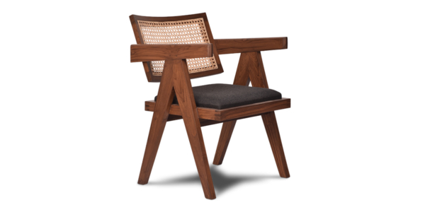 Buy rattan and wood furniture online - Pierre Jeanneret Chandighar chair - solid teak wood furniture crafted with quality materials - Lap & Dado furniture mid-century modern design, Lyon teak wood and cane work lounge chair or dining chair with premium upholstery