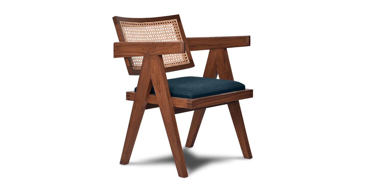 Lap & Dado Lyon Chair Indigo 1 Buy rattan and wood furniture online - Pierre Jeanneret Chandighar chair - solid teak wood furniture crafted with quality materials - Lap & Dado furniture mid-century modern design, Lyon teak wood and cane work lounge chair or dining chair with premium upholstery