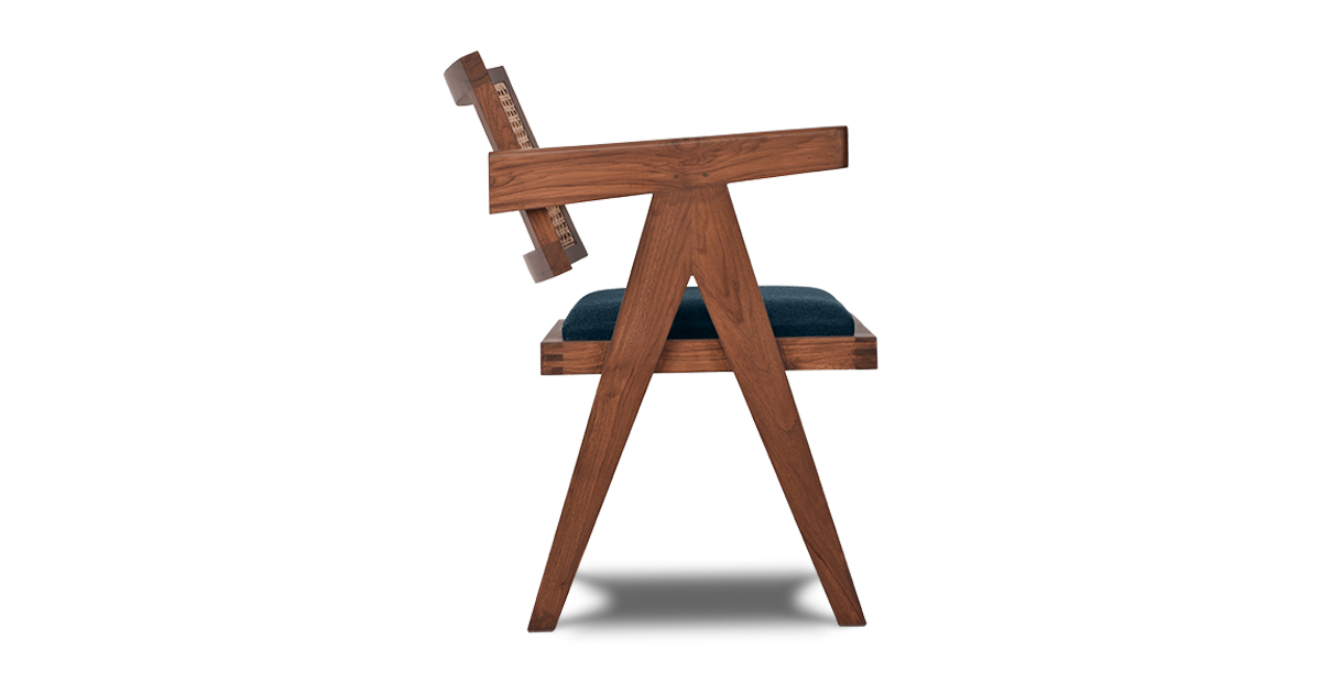 Lap & Dado Lyon Chair Indigo 2 Buy rattan and wood furniture online - Pierre Jeanneret Chandighar chair - solid teak wood furniture crafted with quality materials - Lap & Dado furniture mid-century modern design, Lyon teak wood and cane work lounge chair or dining chair with premium upholstery