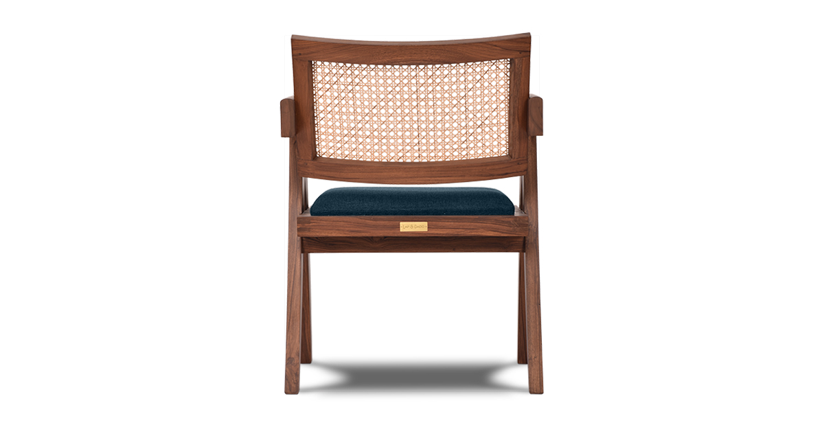 Lap & Dado Lyon Chair Indigo 3 Buy rattan and wood furniture online - Pierre Jeanneret Chandighar chair - solid teak wood furniture crafted with quality materials - Lap & Dado furniture mid-century modern design, Lyon teak wood and cane work lounge chair or dining chair with premium upholstery