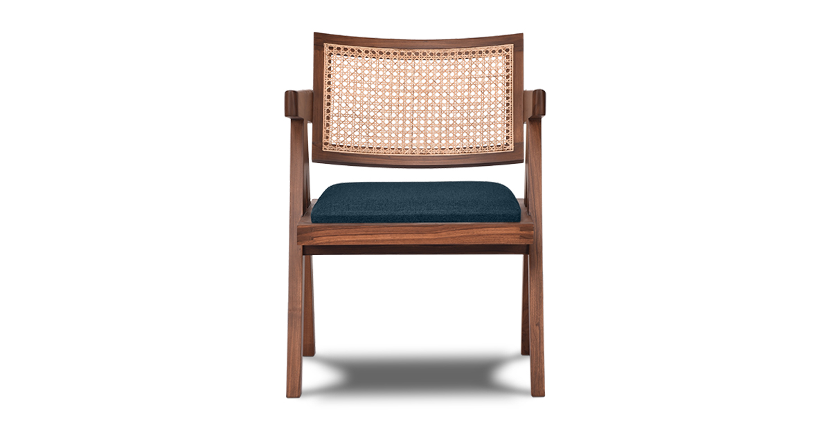 Lap & Dado Lyon Chair Indigo 4 Buy rattan and wood furniture online - Pierre Jeanneret Chandighar chair - solid teak wood furniture crafted with quality materials - Lap & Dado furniture mid-century modern design, Lyon teak wood and cane work lounge chair or dining chair with premium upholstery