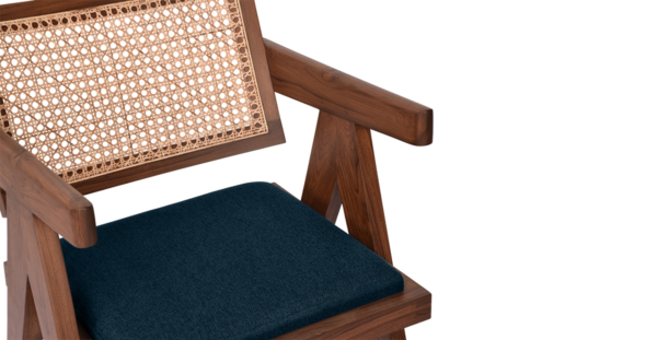 Buy rattan and wood furniture online - Pierre Jeanneret Chandighar chair - solid teak wood furniture crafted with quality materials - Lap & Dado furniture mid-century modern design, Lyon teak wood and cane work lounge chair or dining chair with premium upholstery