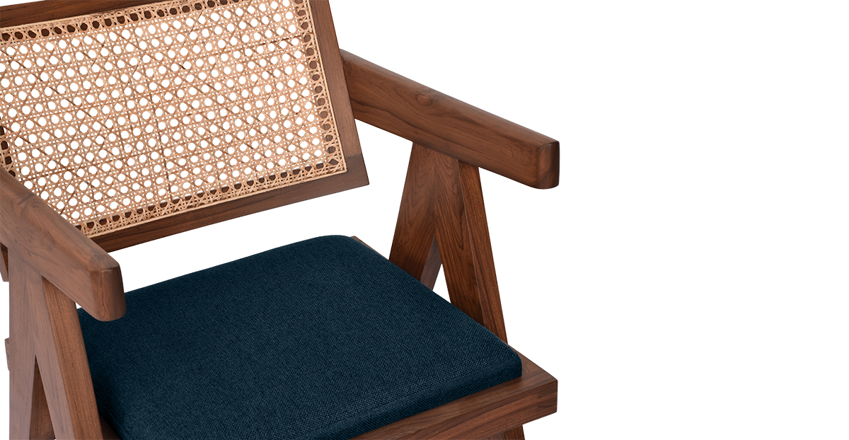 Lap & Dado Lyon Chair Indigo 5 Buy rattan and wood furniture online - Pierre Jeanneret Chandighar chair - solid teak wood furniture crafted with quality materials - Lap & Dado furniture mid-century modern design, Lyon teak wood and cane work lounge chair or dining chair with premium upholstery