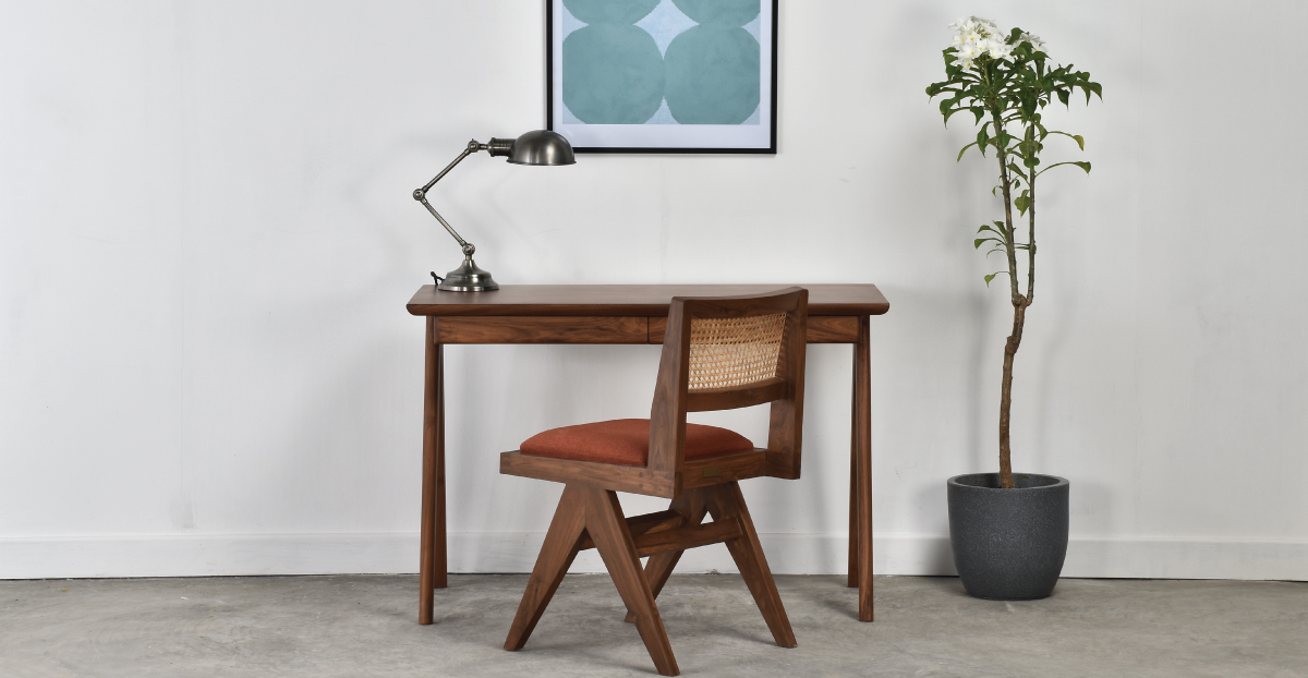 Lap-&-Dado-Lyon-Study-Table-8 Buy wood study table online - Lap and Dado furniture, contemporary mid-century modern design Lyon Desk teak wood study table for study room or office - Pierre Jeanneret Chandigarh Chair