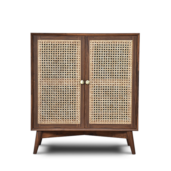 Buy wood and rattan furniture online - Buy Bar cabinet online crafted with quality materials - Lap & Dado furniture, contemporary mid-century modern design, Wells canework bar cabinet in teak veneer with solid teak wood legs for your living or dining room
