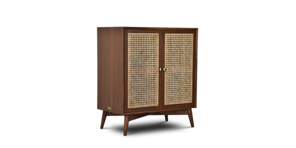 Buy wood and rattan furniture online - Buy Bar cabinet online crafted with quality materials - Lap & Dado furniture, contemporary mid-century modern design, Wells canework bar cabinet in teak veneer with solid teak wood legs for your living or dining room