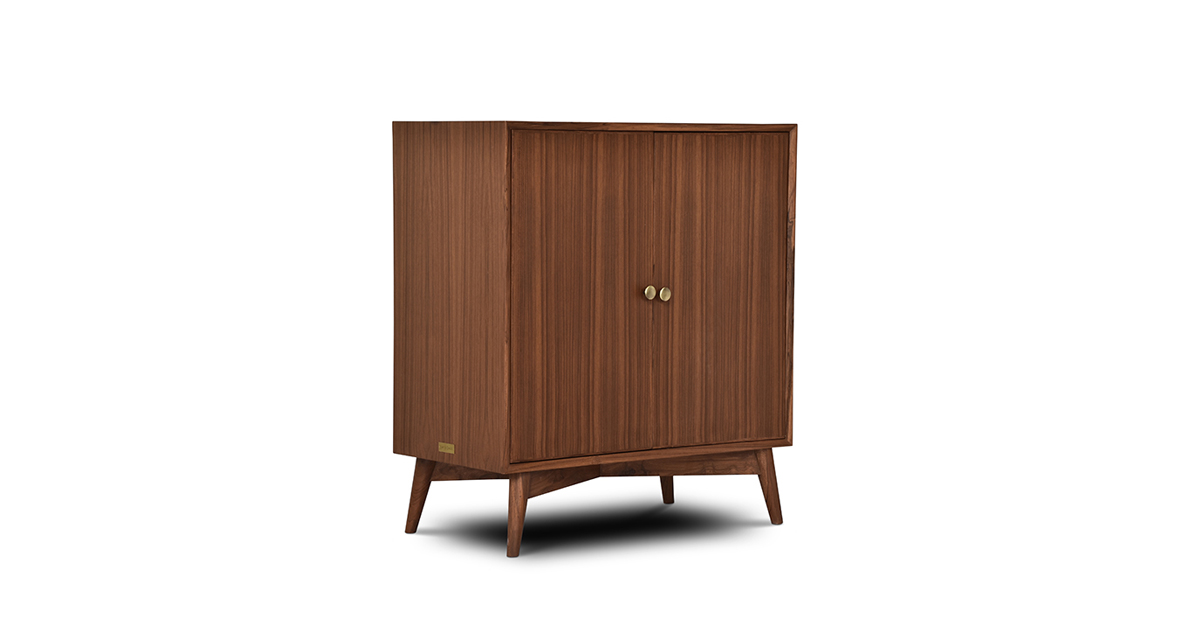 Lap & Dado Wells Bar Veneer 2 Buy wood furniture online - Buy Bar cabinet online crafted with quality materials - Lap & Dado furniture, contemporary mid-century modern design, Wells bar cabinet in teak veneer with solid teak wood legs for your living or dining room