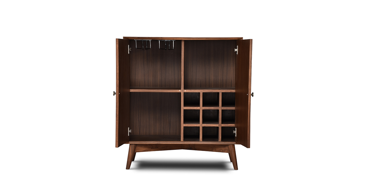 Lap & Dado Wells Bar Veneer 5 Buy wood furniture online - Buy Bar cabinet online crafted with quality materials - Lap & Dado furniture, contemporary mid-century modern design, Wells bar cabinet in teak veneer with solid teak wood legs for your living or dining room
