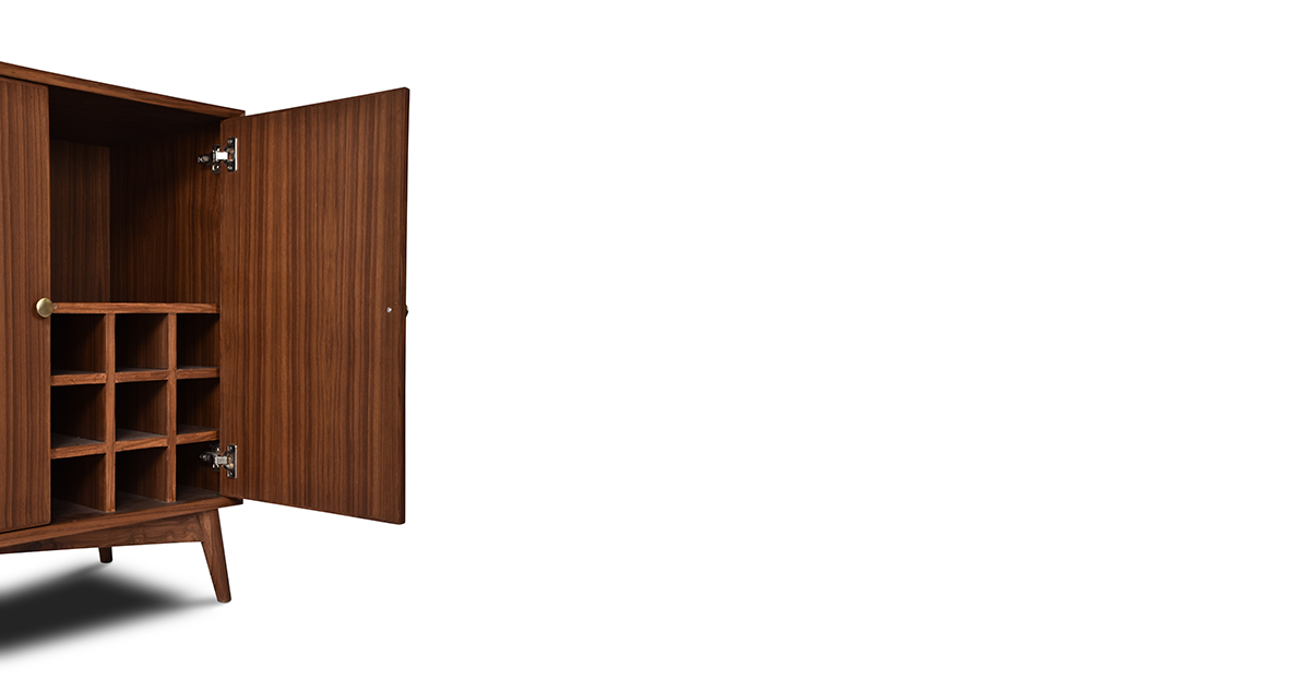 Lap & Dado Wells Bar Veneer 6 Buy wood furniture online - Buy Bar cabinet online crafted with quality materials - Lap & Dado furniture, contemporary mid-century modern design, Wells bar cabinet in teak veneer with solid teak wood legs for your living or dining room