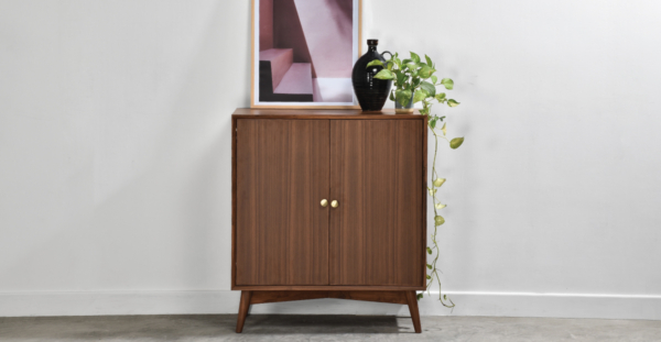 Buy wood furniture online - Buy Bar cabinet online crafted with quality materials - Lap & Dado furniture, contemporary mid-century modern design, Wells bar cabinet in teak veneer with solid teak wood legs for your living or dining room