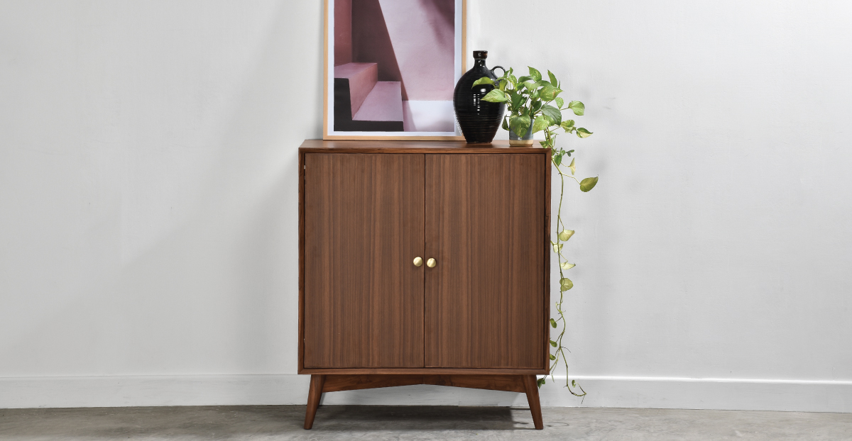 Lap-&-Dado-Wells-Bar-Veneer-7 Buy wood furniture online - Buy Bar cabinet online crafted with quality materials - Lap & Dado furniture, contemporary mid-century modern design, Wells bar cabinet in teak veneer with solid teak wood legs for your living or dining room